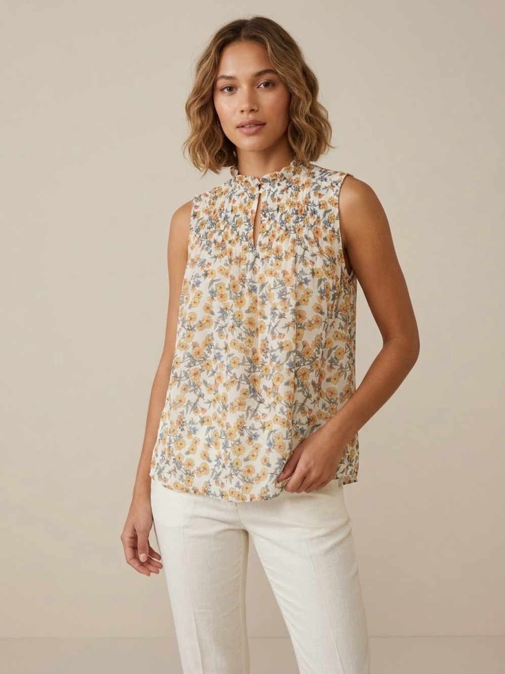 PLEIONE Floral High Neck Mock Neck Sleeveless Blouse Top Small S Yellow White